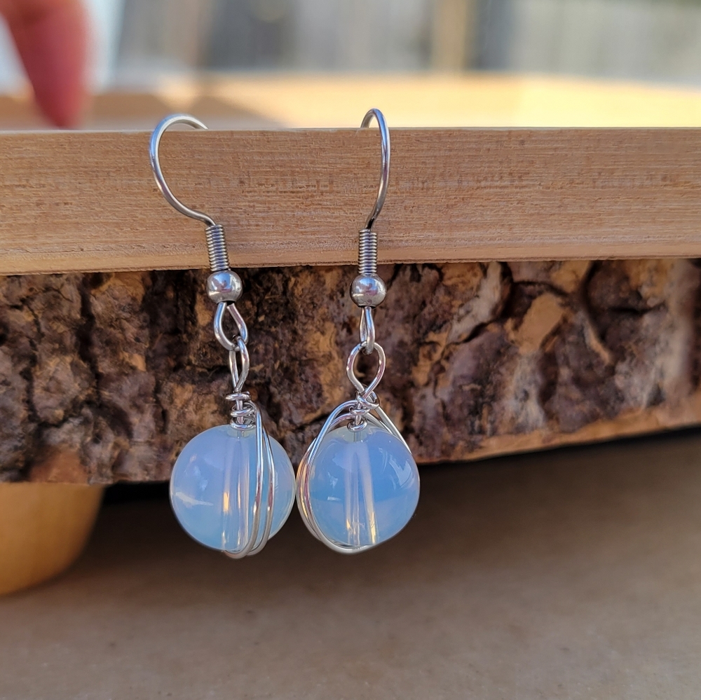 Wire Wrapped Opalite Stone Drop Earrings - Picture 4 of 5